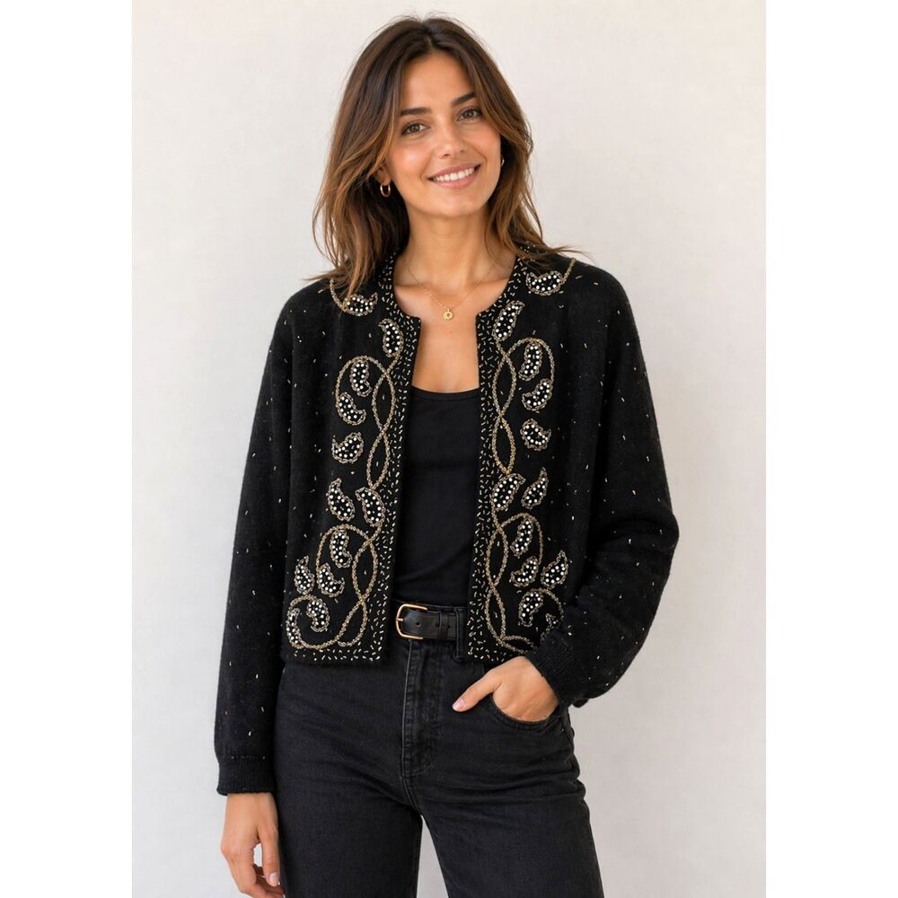 Vintage Black Hupps Tokyo Traders Lambs Wool Cardigan Top   Women's Size Medium